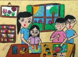 Vẽ tranh đề tài học tập cô giáo dạy môn mỹ thuật đang dạy các em vẽ tranh